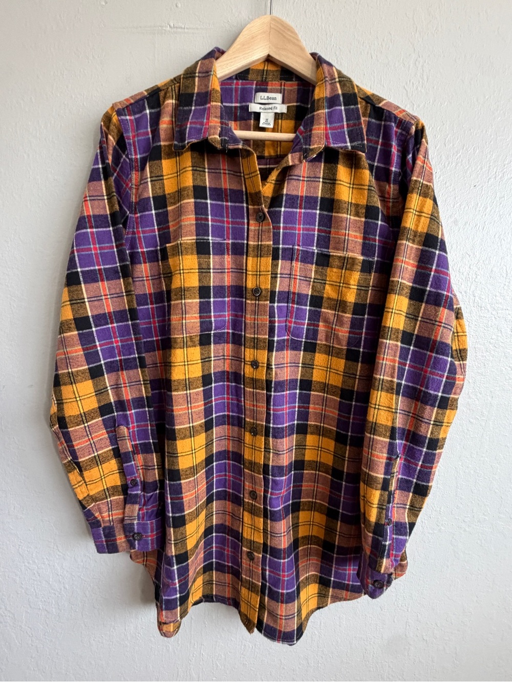 L.L. Bean Plaid Cotton Flannel Mustard Purple Shirt Women’s M Classic Preppy